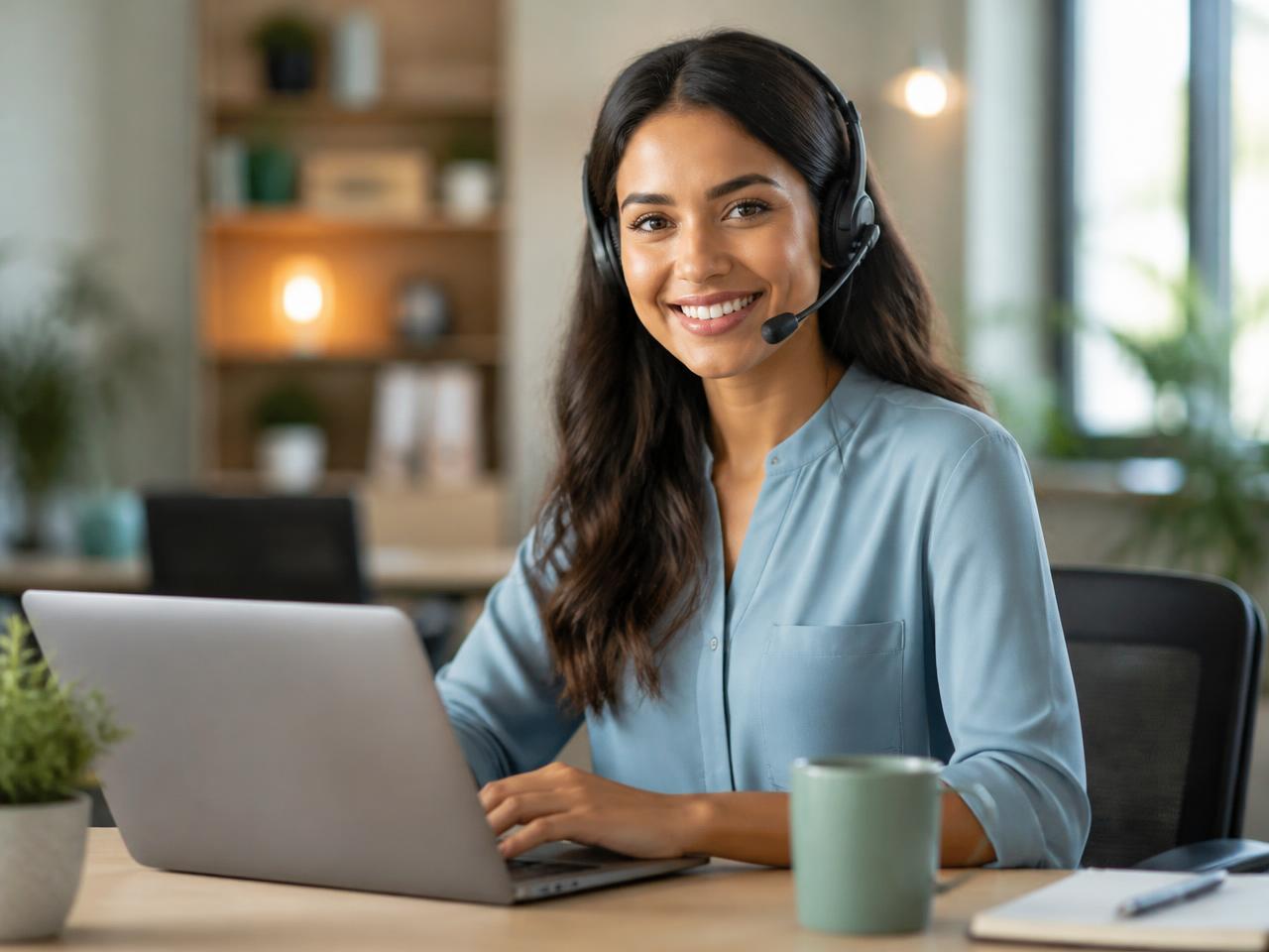 Independent telecom support specialist wearing a headset at a desk